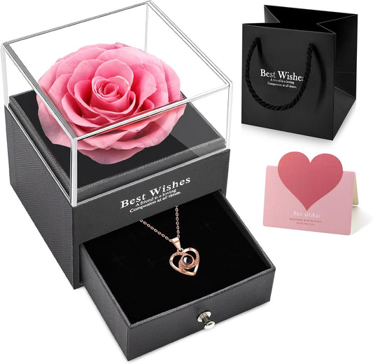 Preserved Red Real Rose with Love You Necklace in 100 Languages Gift Set, Enchanted Real Rose Flower for Valentine'S Day Anniversary Wedding Bthday Romantic Gifts for Her (F Pink Rose)